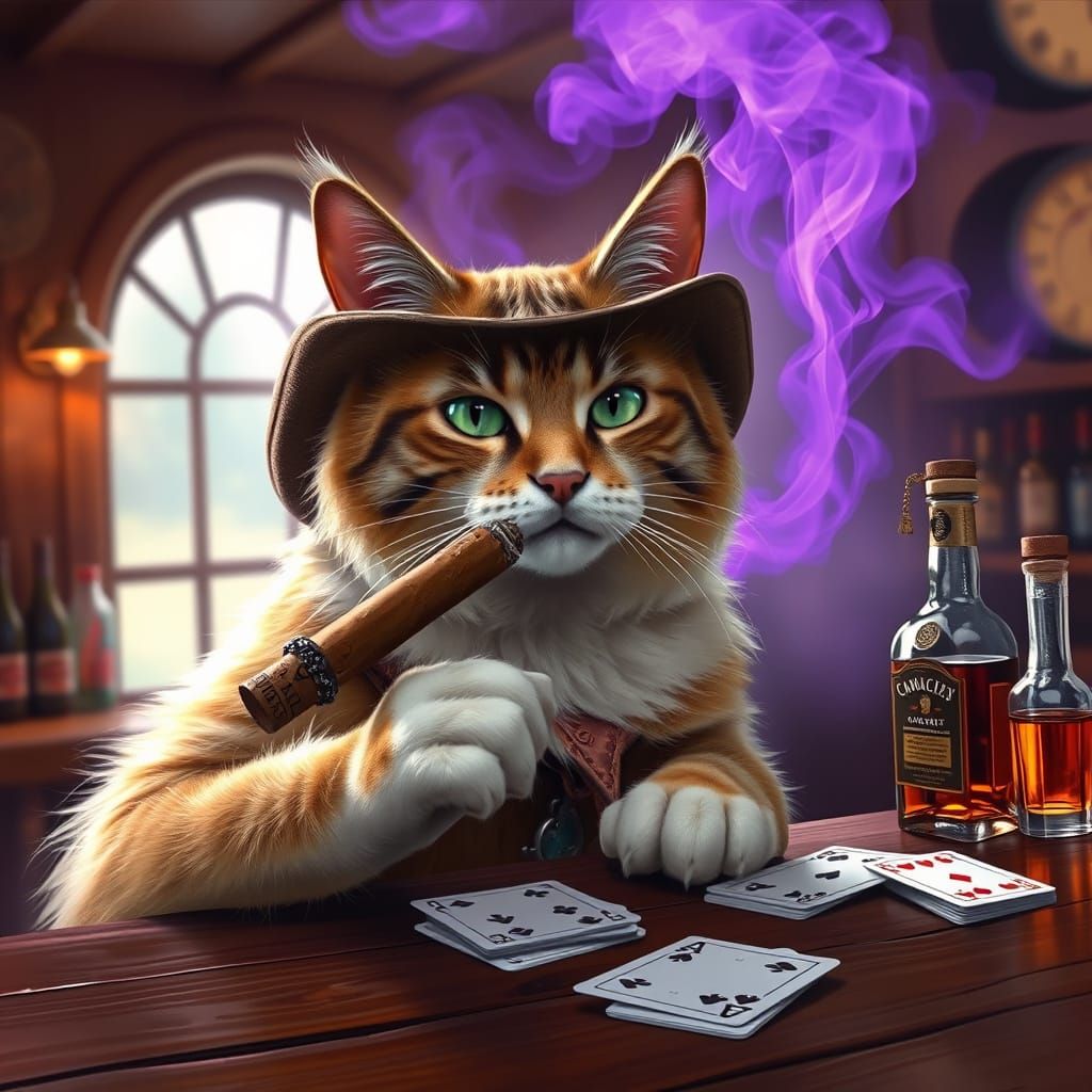 Cowboy Cat Enjoying a Cigar in Bar