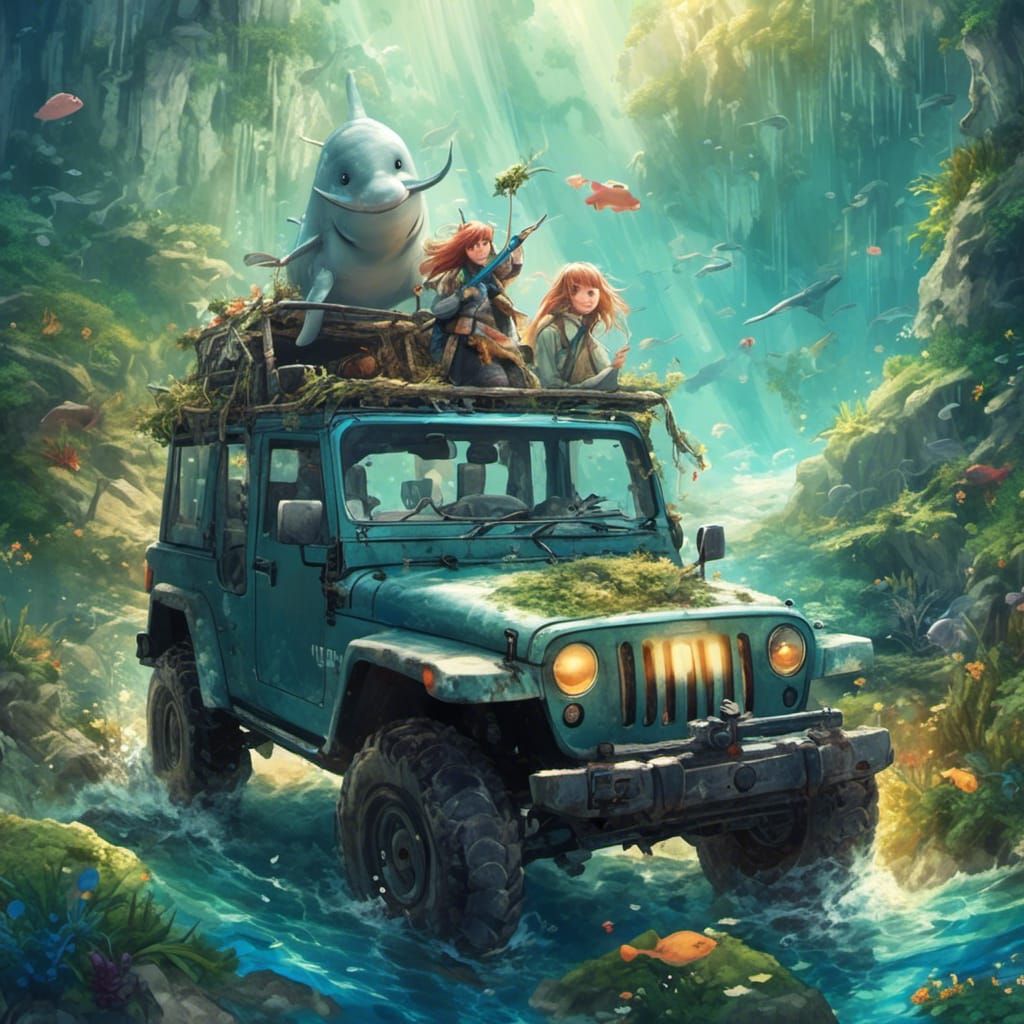 Narwhal Jeep Adventure in Anime Style