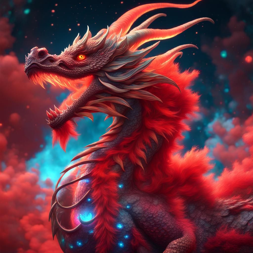Happy Red Dragon in Bioluminescent Galaxy