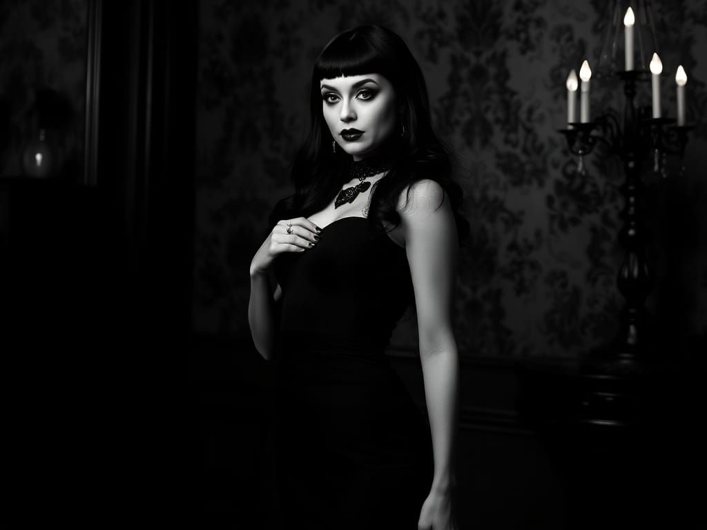 Elegant Morticia Addams in Gothic Style