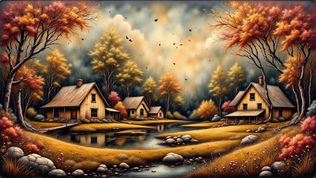 Surreal Village Farmstead with Whimsical Trees and Bridge