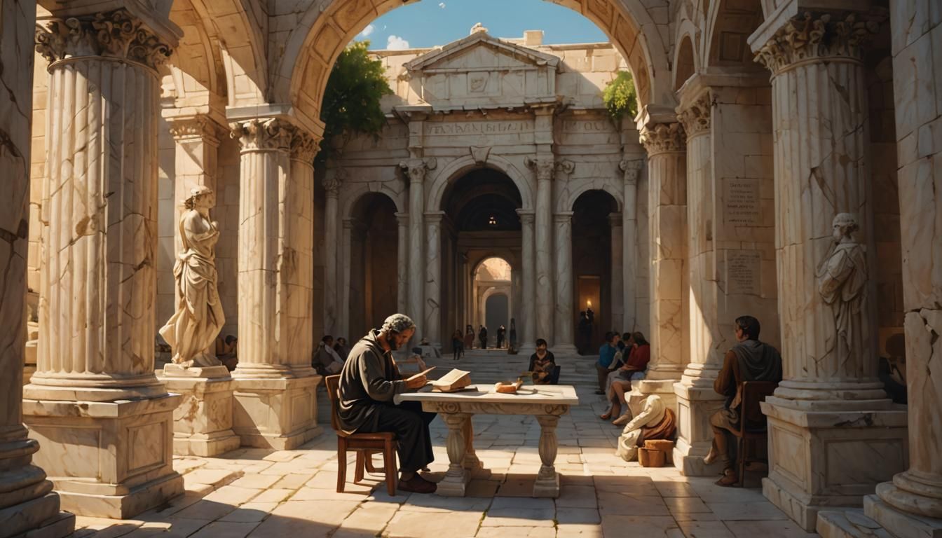 Person Reading Under Archway in Digital Painting