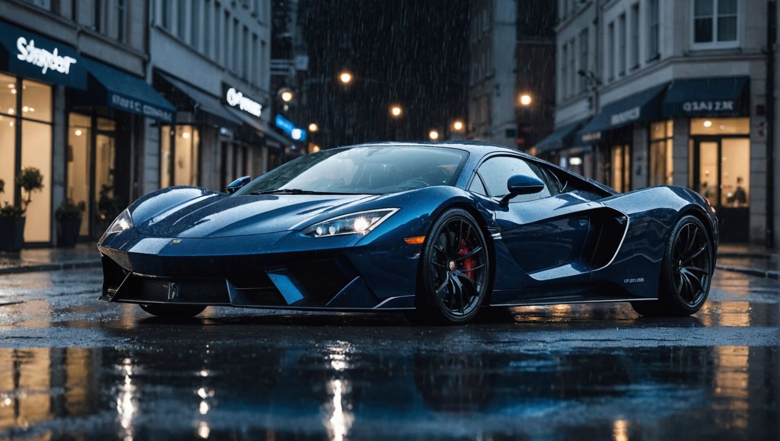Blue Supercar in Rainstorm Reflection