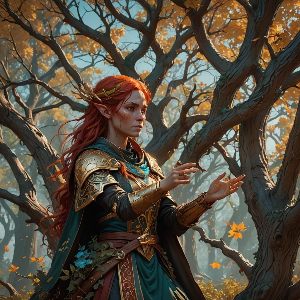 Wood Elf Cleric Heals Tree: Hyperdetailed Digital Art