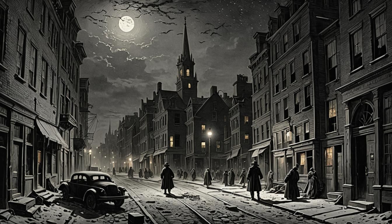Eerie Boston Street at Night in Engraving Style