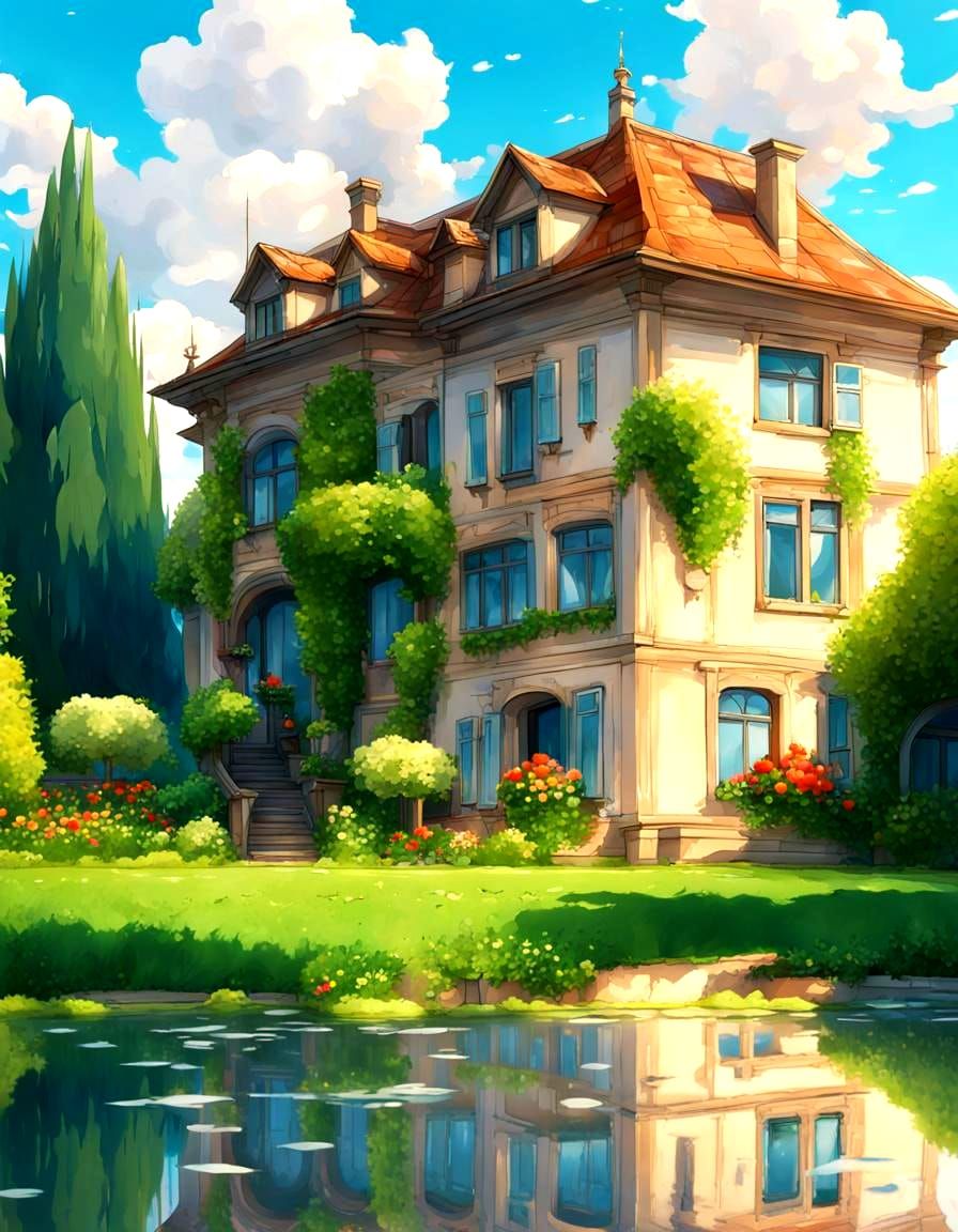 European House After Rain in Anime Style