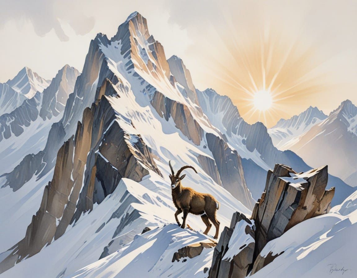 Alpine Ibex on Craggy Ridge in Gouache Style