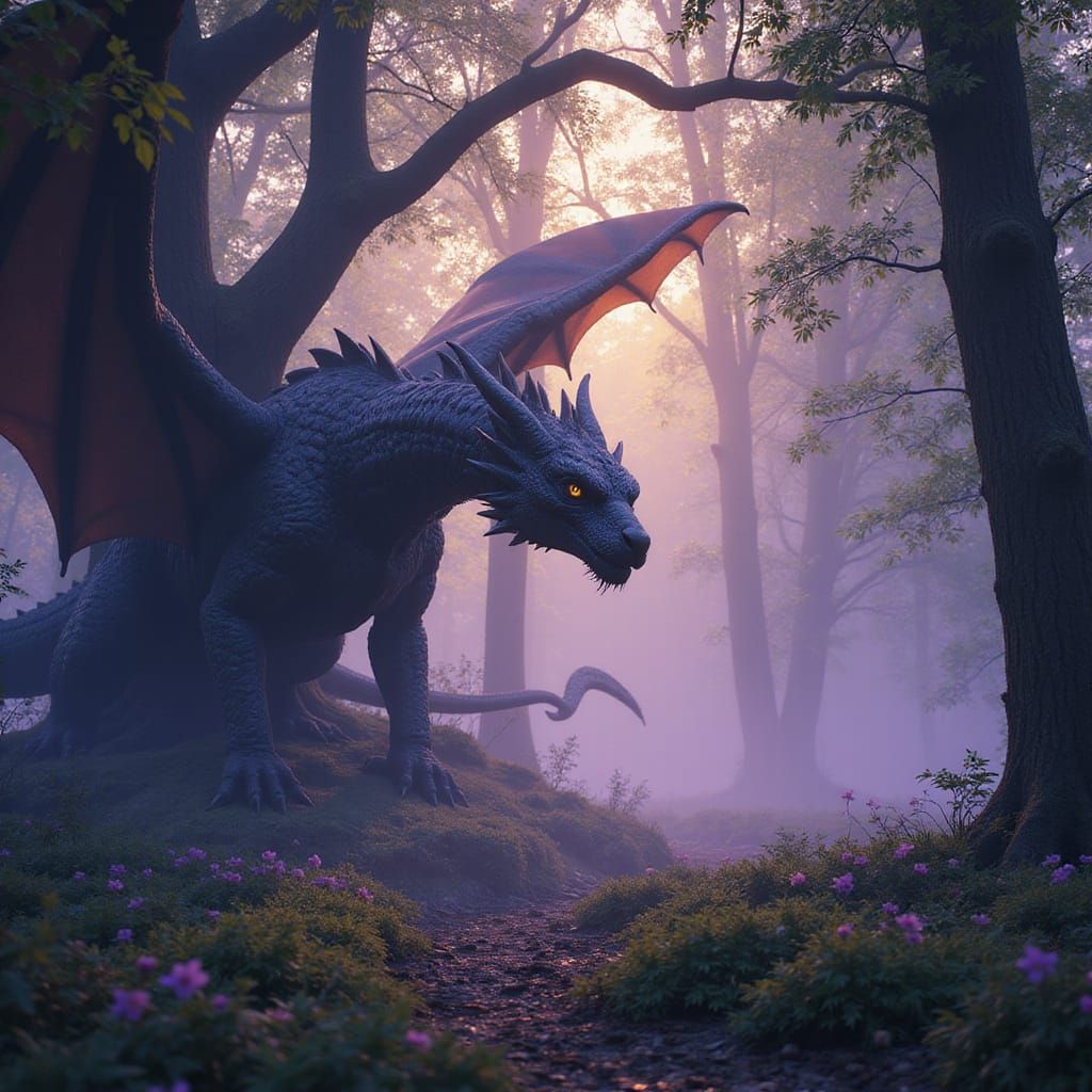 Surreal Dragon in a Misty Oak Forest at Dawn, Dark Fantasy A...