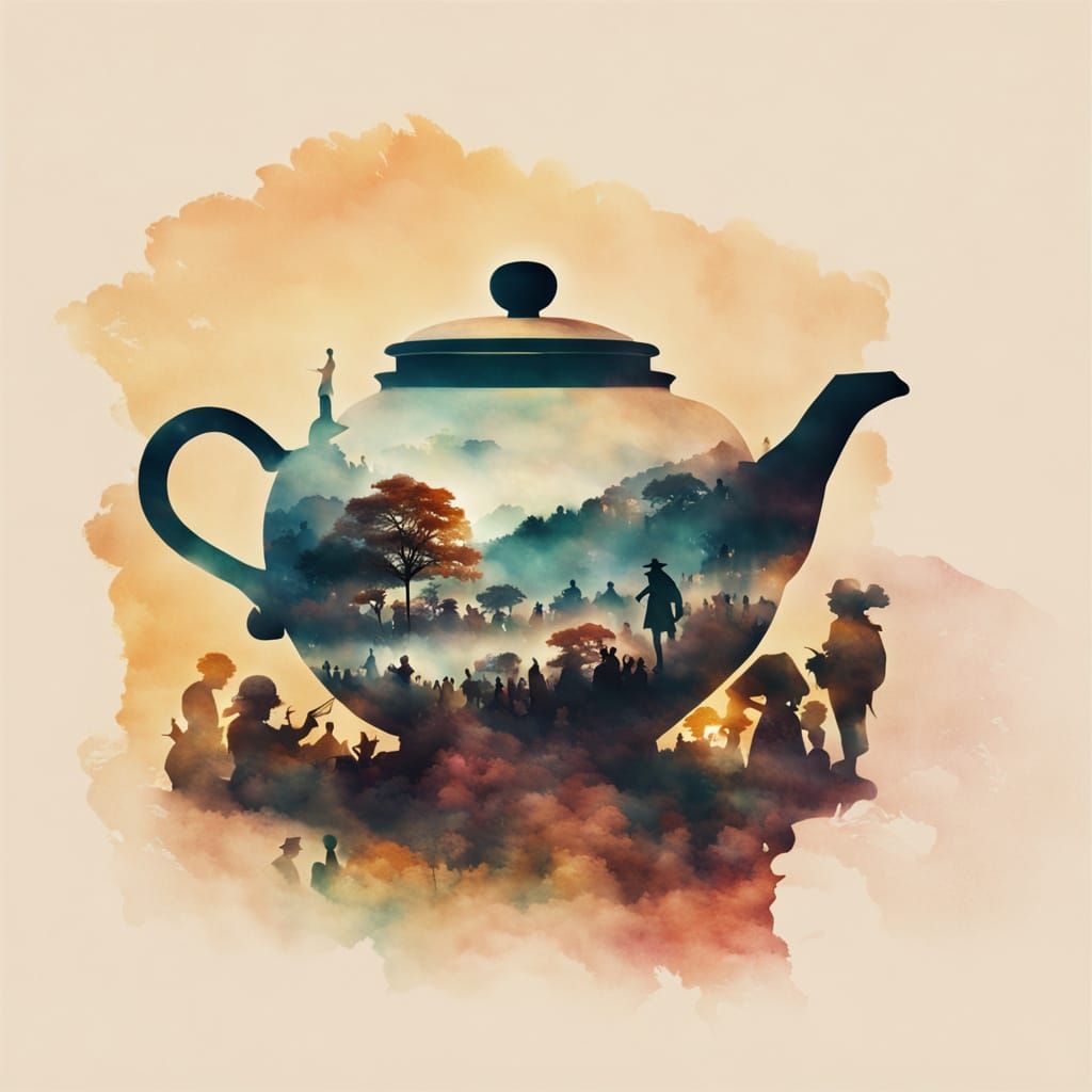 Whimsical Folk Art Scene with Tea Harvesters and a Majestic ...