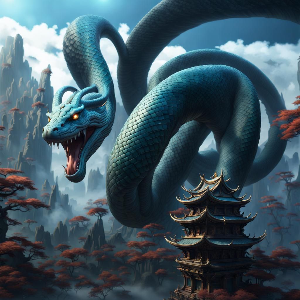 Divine Azure Serpent Roaming: Fantasy Concept Art