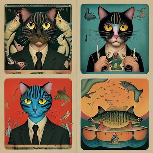 Cats and Fish in Colorful Poster Art Style