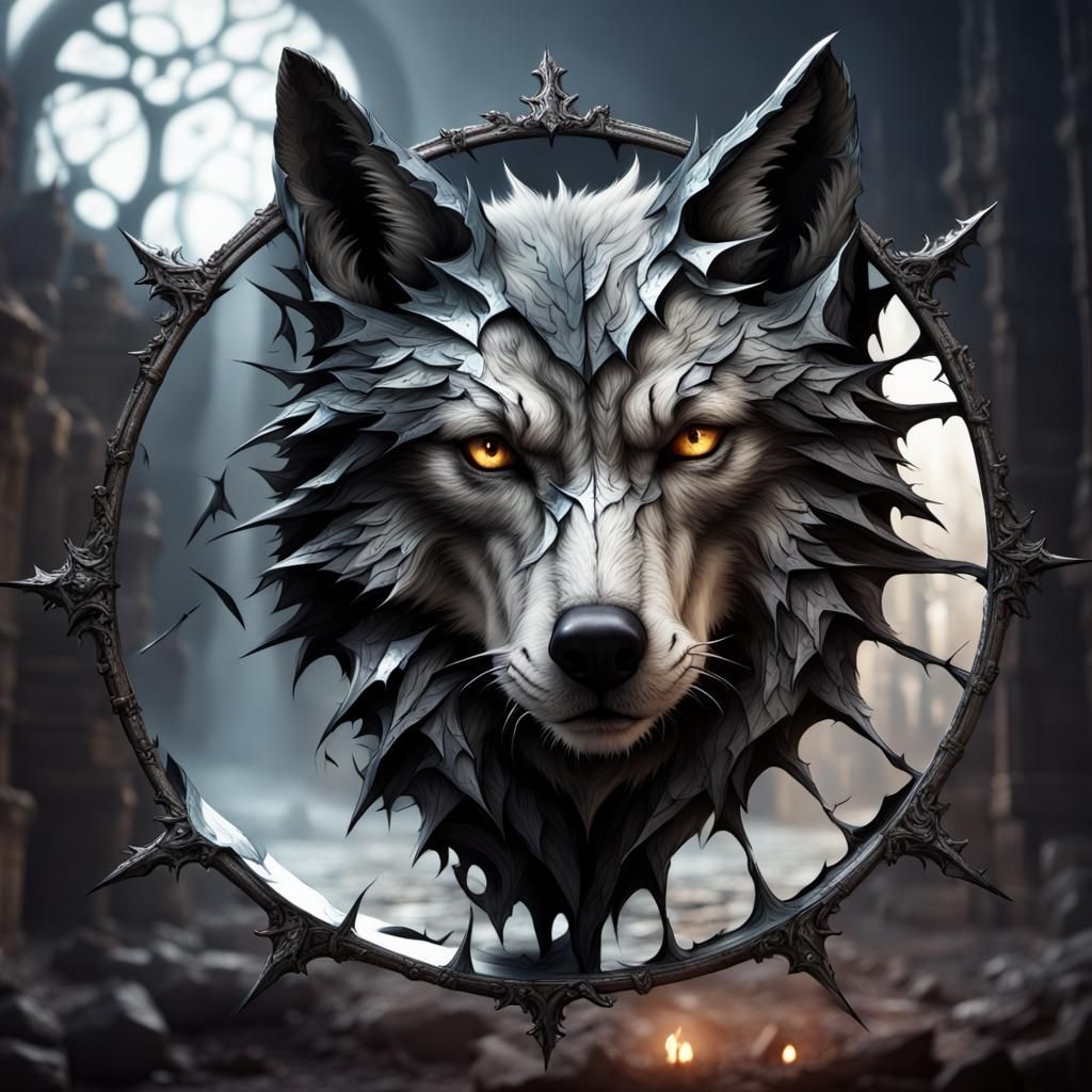 Werewolf Gazing into Shattered Gothic Mirror