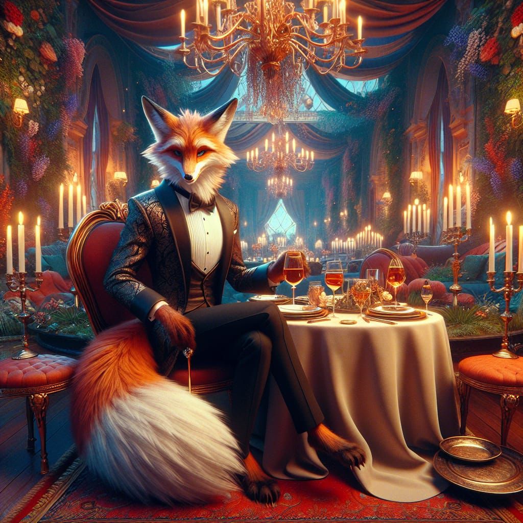 Elegant Fox in Fantasy Dinner Party Scene