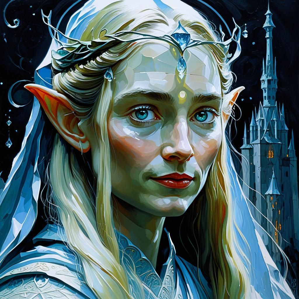 Galadriel Oil Painting with Hyperdetailed Barad-Dûr