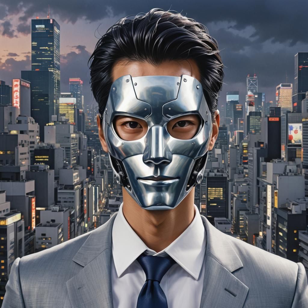 Japanese Man in Metallic Mask, Hyper-Realistic Digital Art