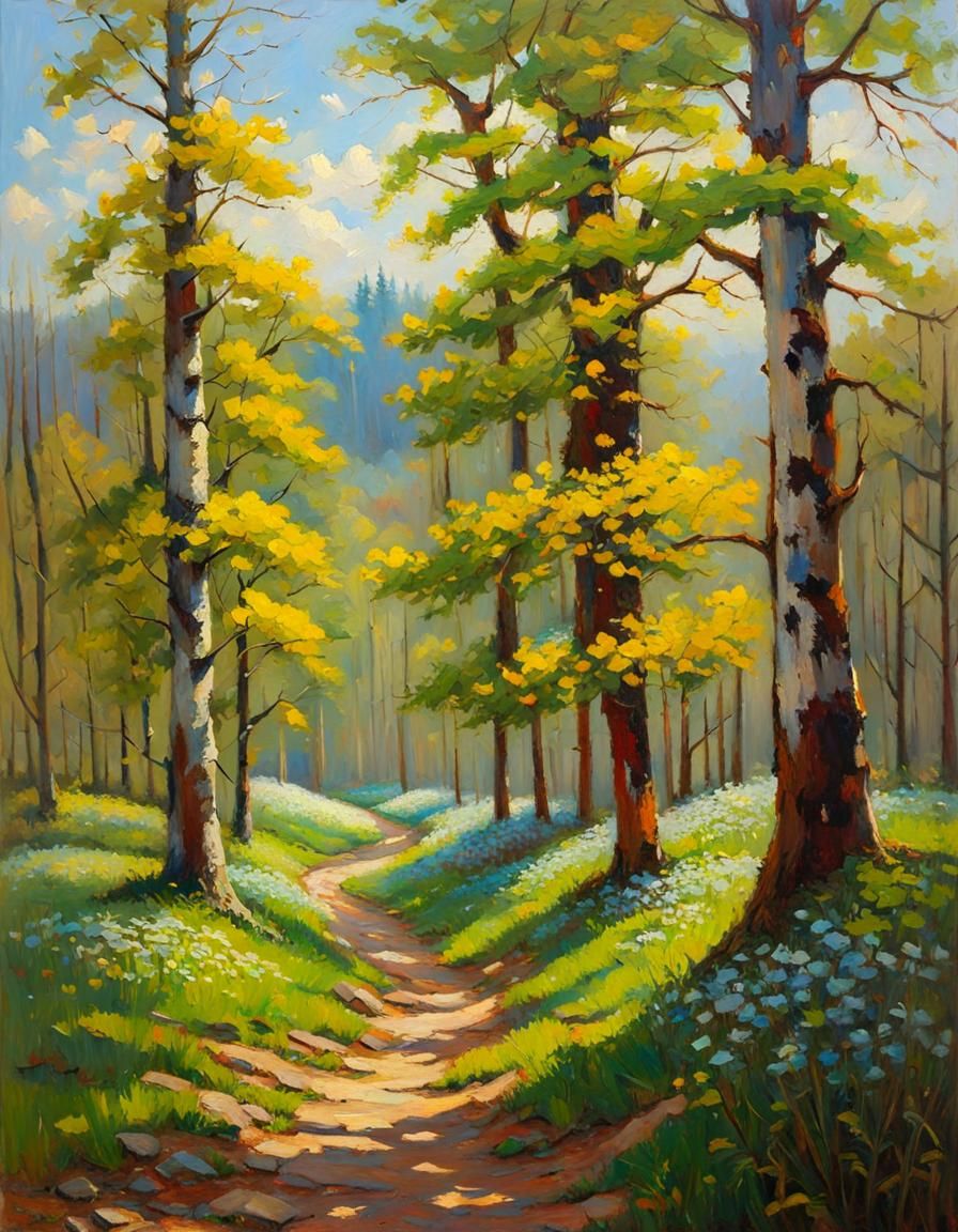 Lush Spring Forest Oil Painting