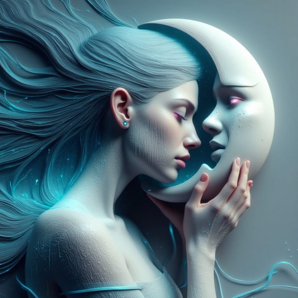 Dreamy Woman at Moonlit Lake in Surreal 3D Style