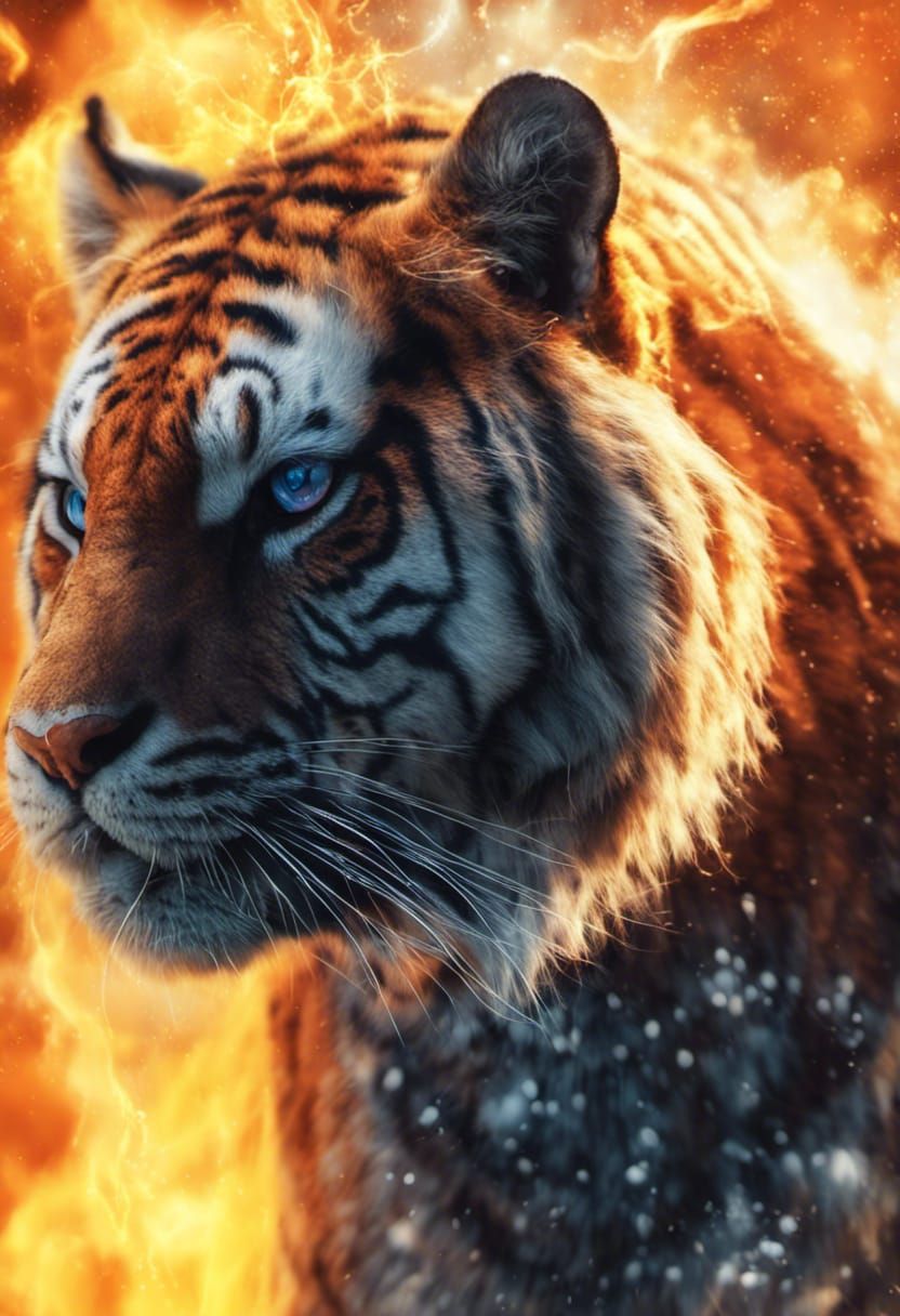 Fiery Obese Tiger with Blue Eyes: Fantasy Concept Art