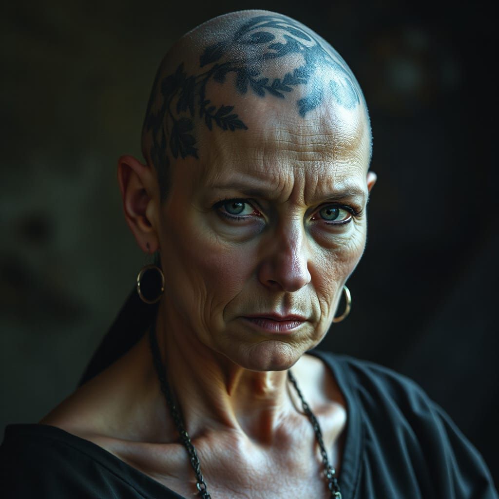 Medieval Witch Portrait with Botanical Scalp Tattoos