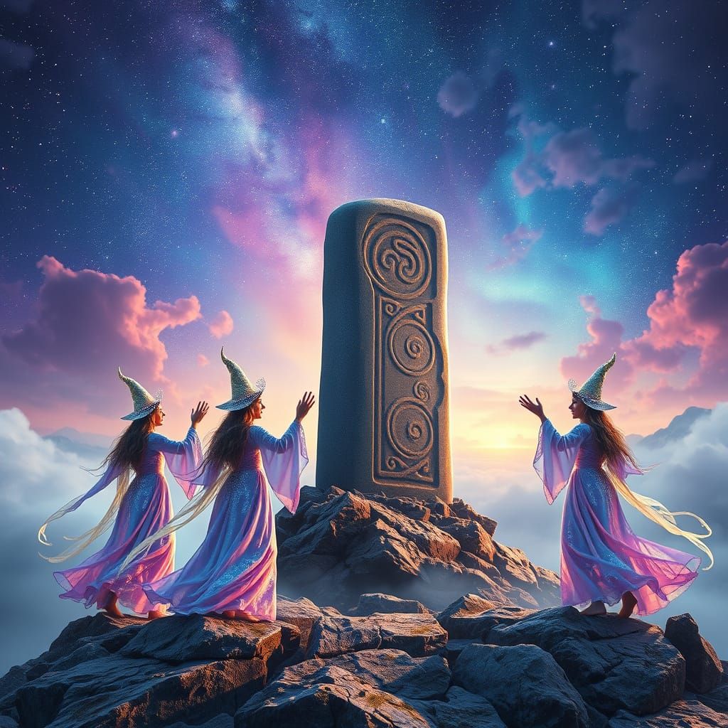 Iridescent Witches Dance Under Psychedelic Sky