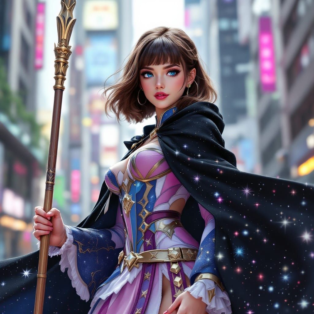 Magical Girl Hero in Modern City, Digital Art