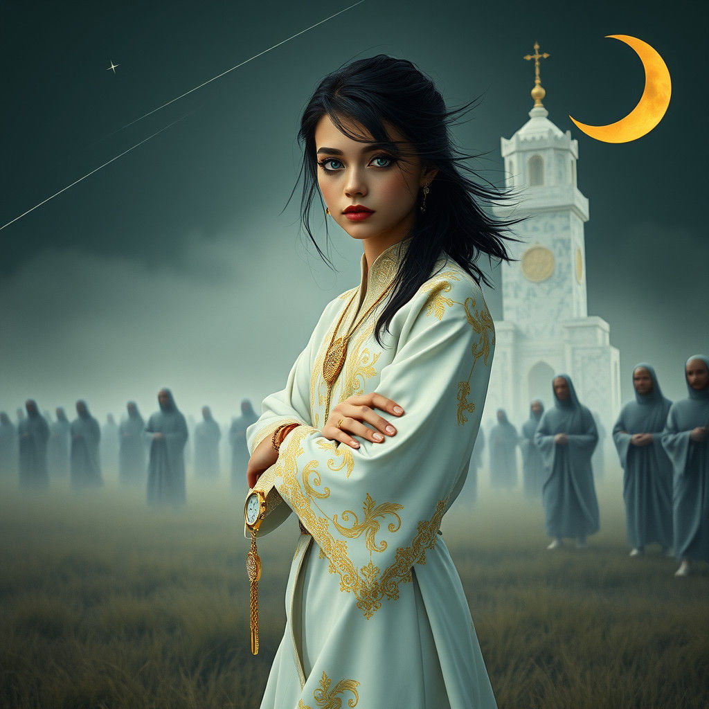 Girl in Gold with Monks and Tower