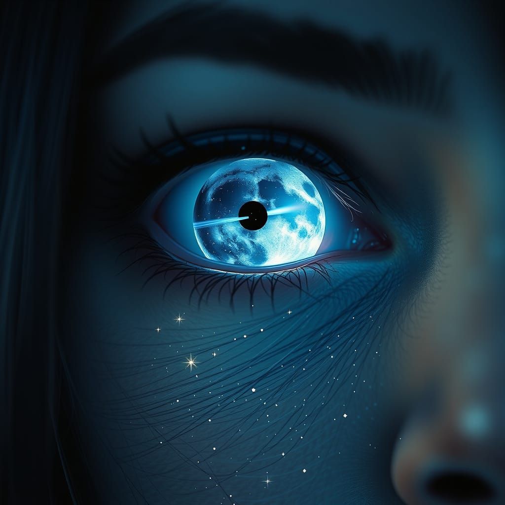 Eyes Reflect a Celestial Scene with Full Moon and Stars