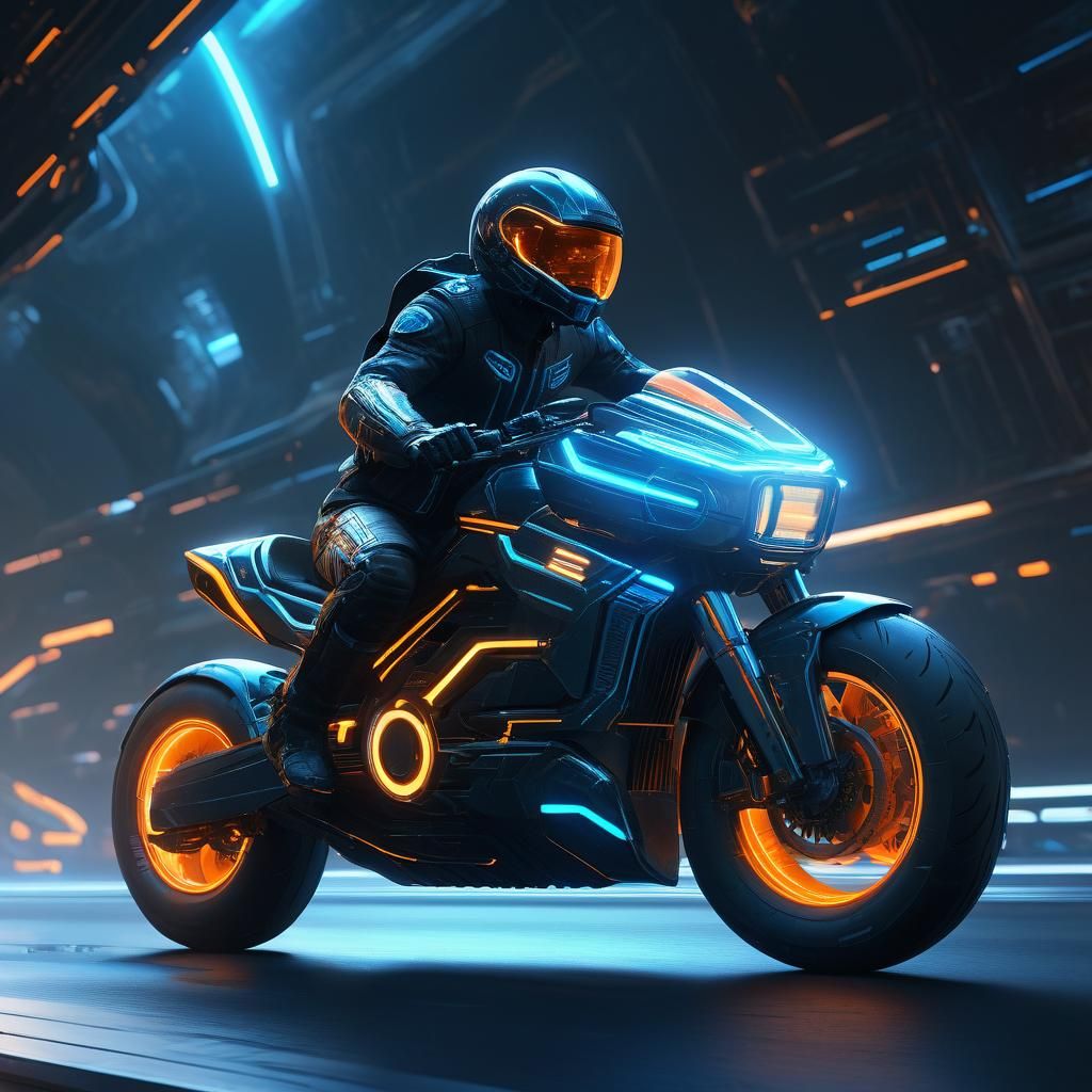 Futuristic Tron Motorcycle Flying Through Space