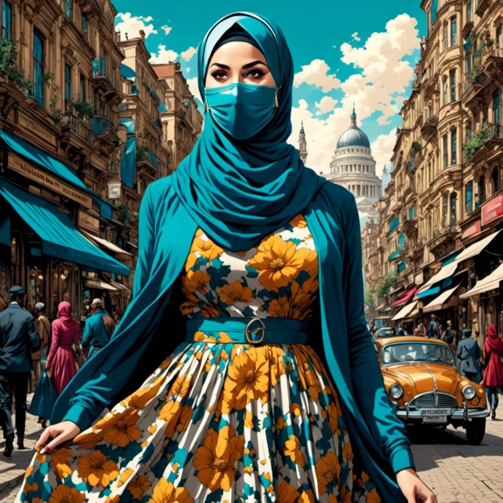 Woman in Hijab and Mask in Comic Book Style