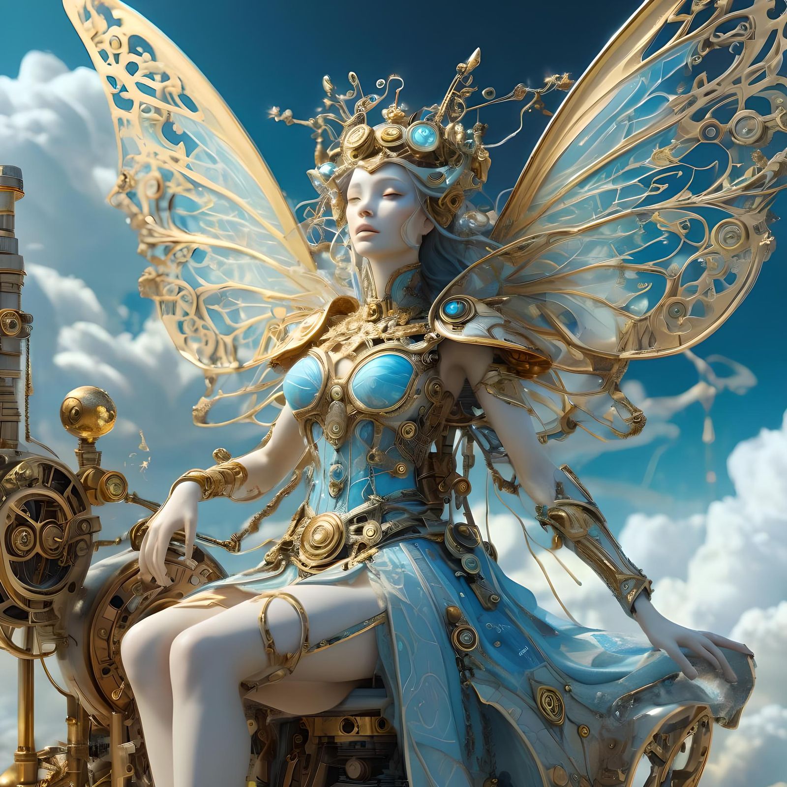 Radiant Fairy Sunbathing on Intricate Machine