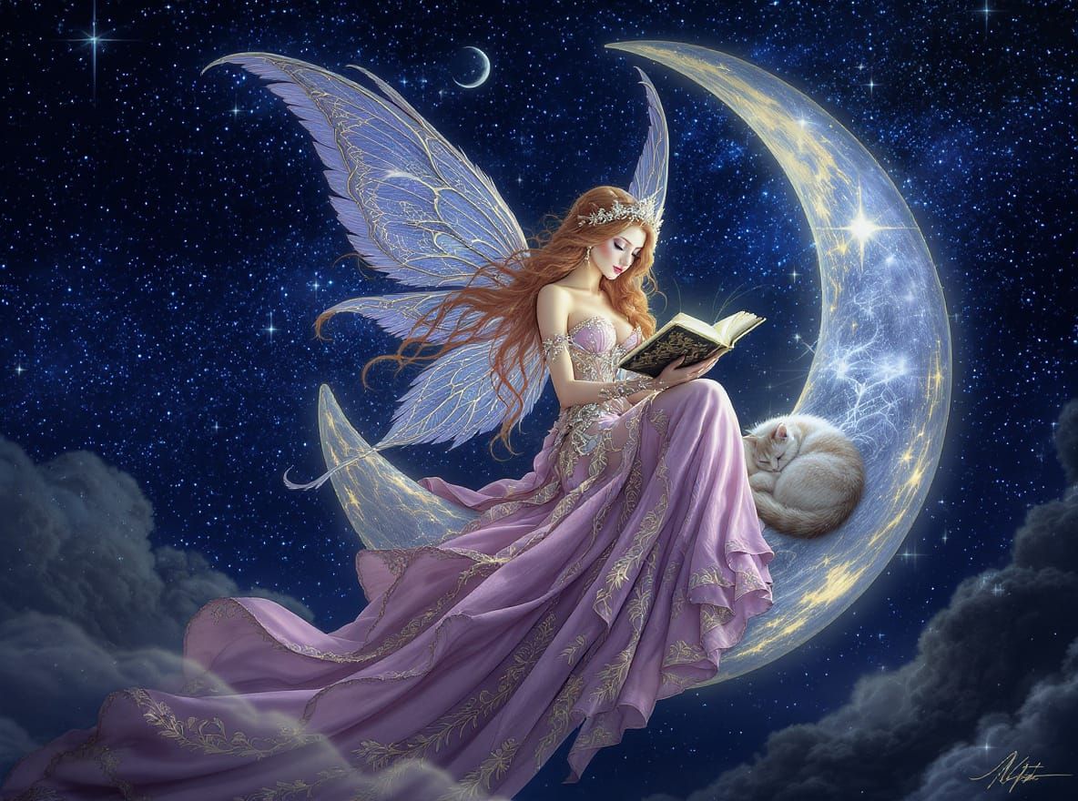 Fairy on Moon Reading with Cat