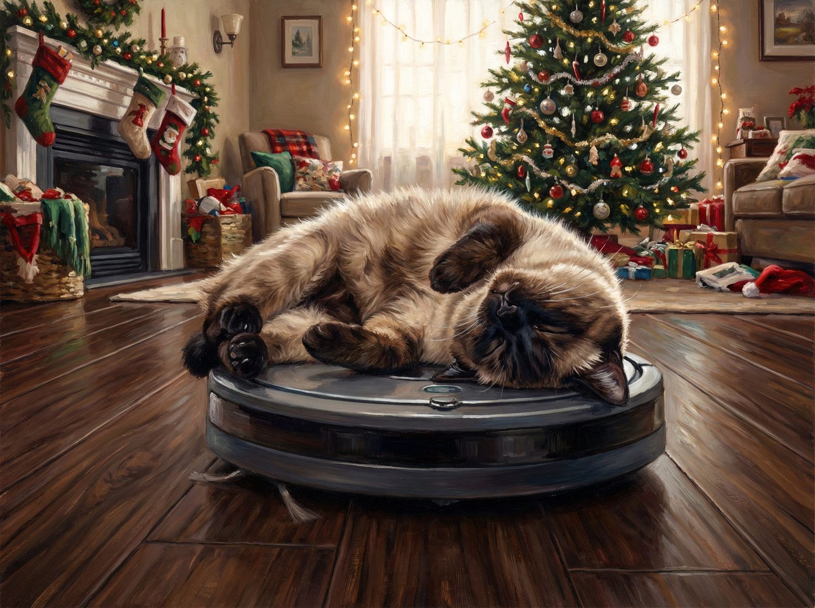 Siamese Cat Napping on Robotic Vacuum in Festive Home