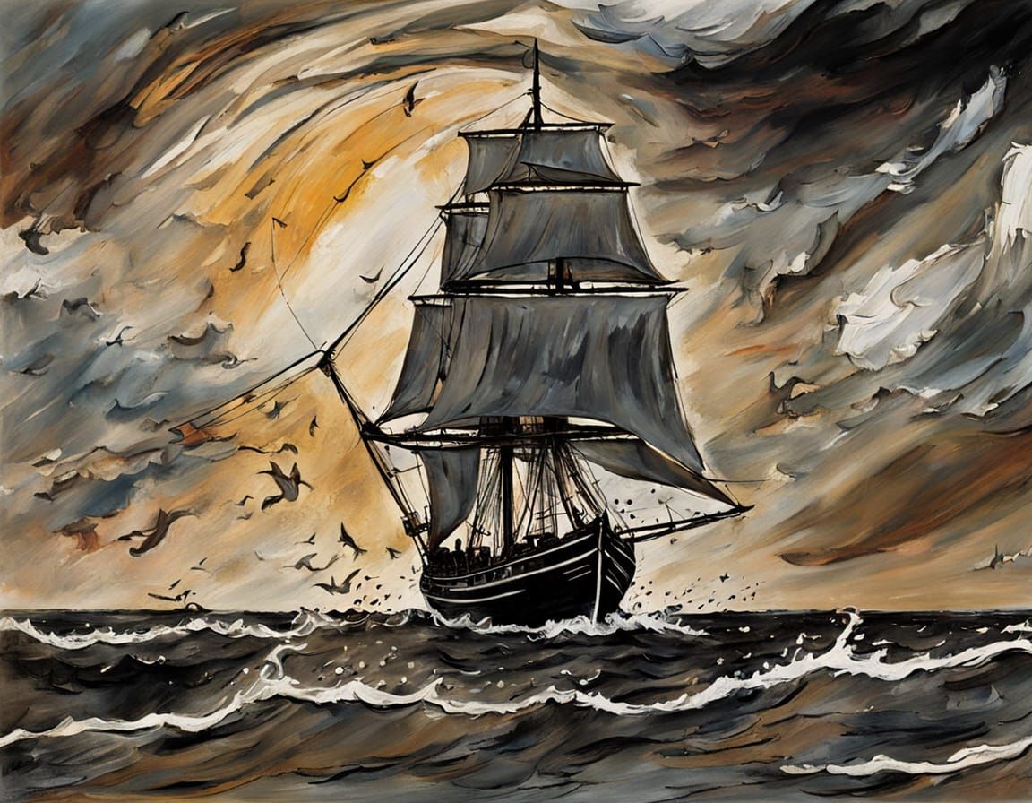 Impressionistic Seascape with Sailboat in Turbulent Waters
