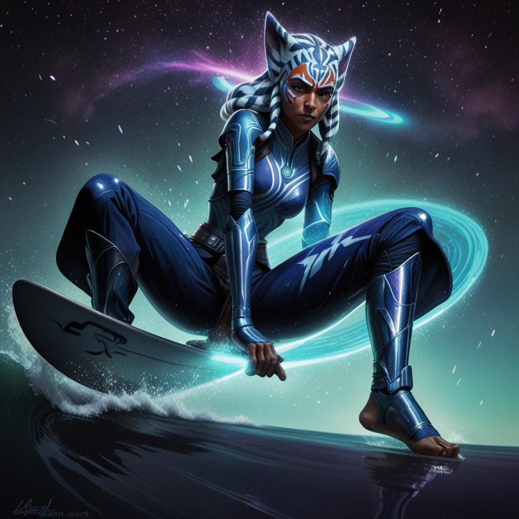 Ahsoka in Vibrant, Swirling Nebula on Silver Surfboard