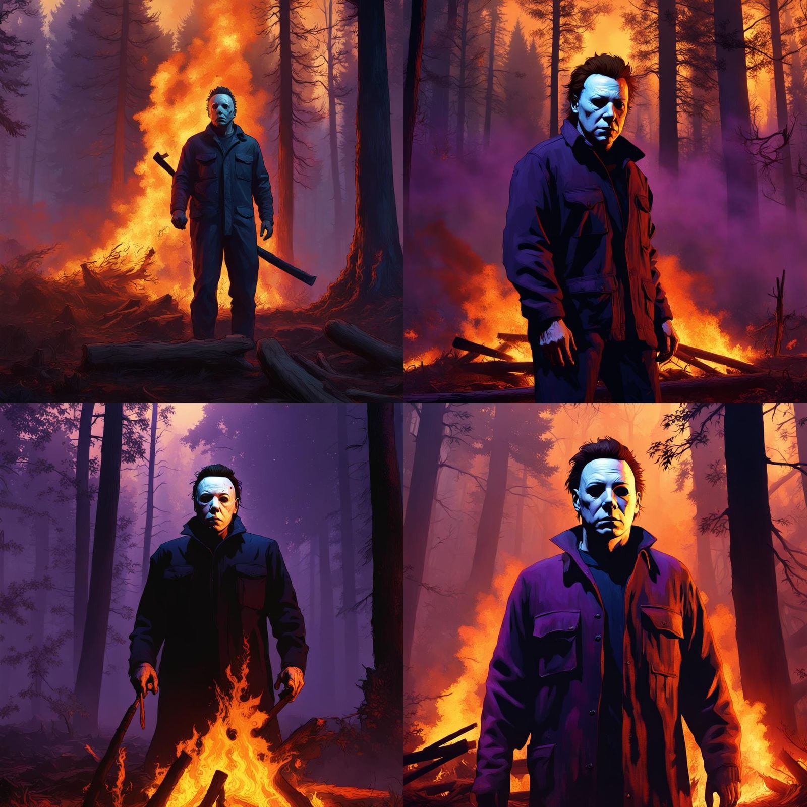 Michael Myers Faces Forest Fire: Dark Fantasy Art