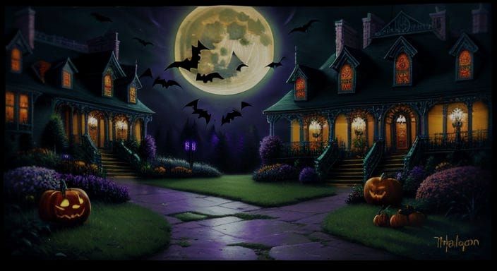 Halloween Flowers under Full Moon in Kinkade Style