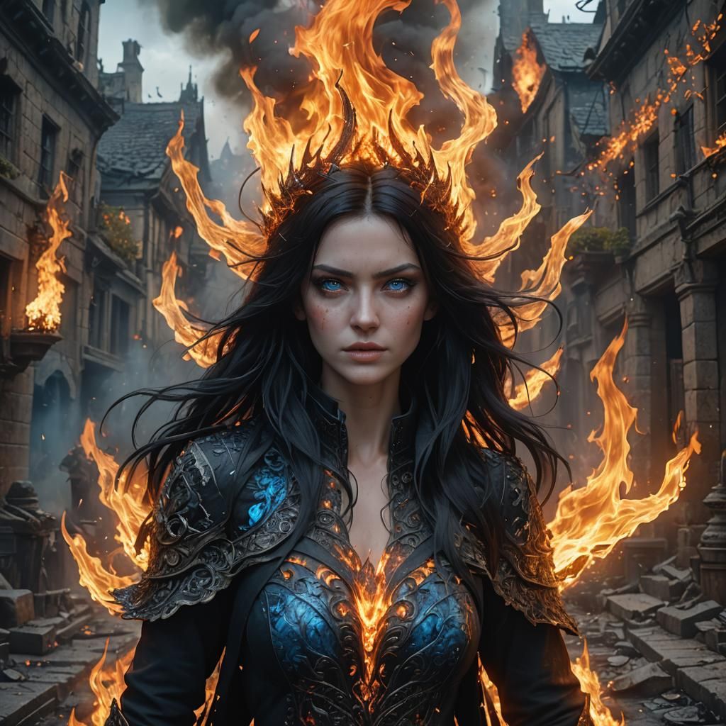 Girl, black hair, 
end of hair on fire, blue eyes, pale skin...