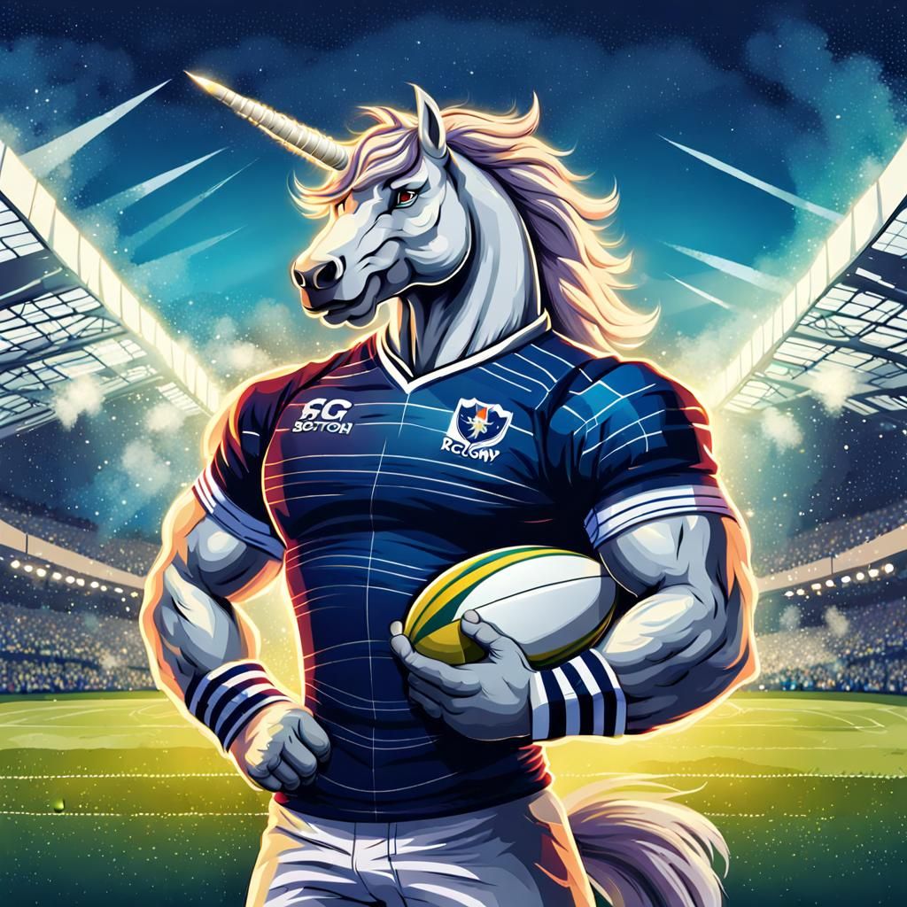 Unicorn Rugby Player Illustration in Scottish Jersey
