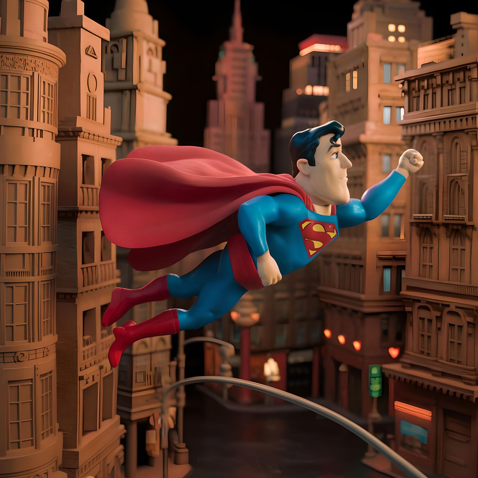 Superman Soaring Over Metropolis in Claymation