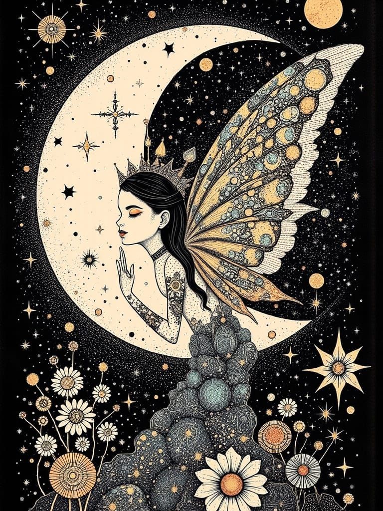 Fantasy Moon Fairy in Emporium Style with Intricate Patterns...