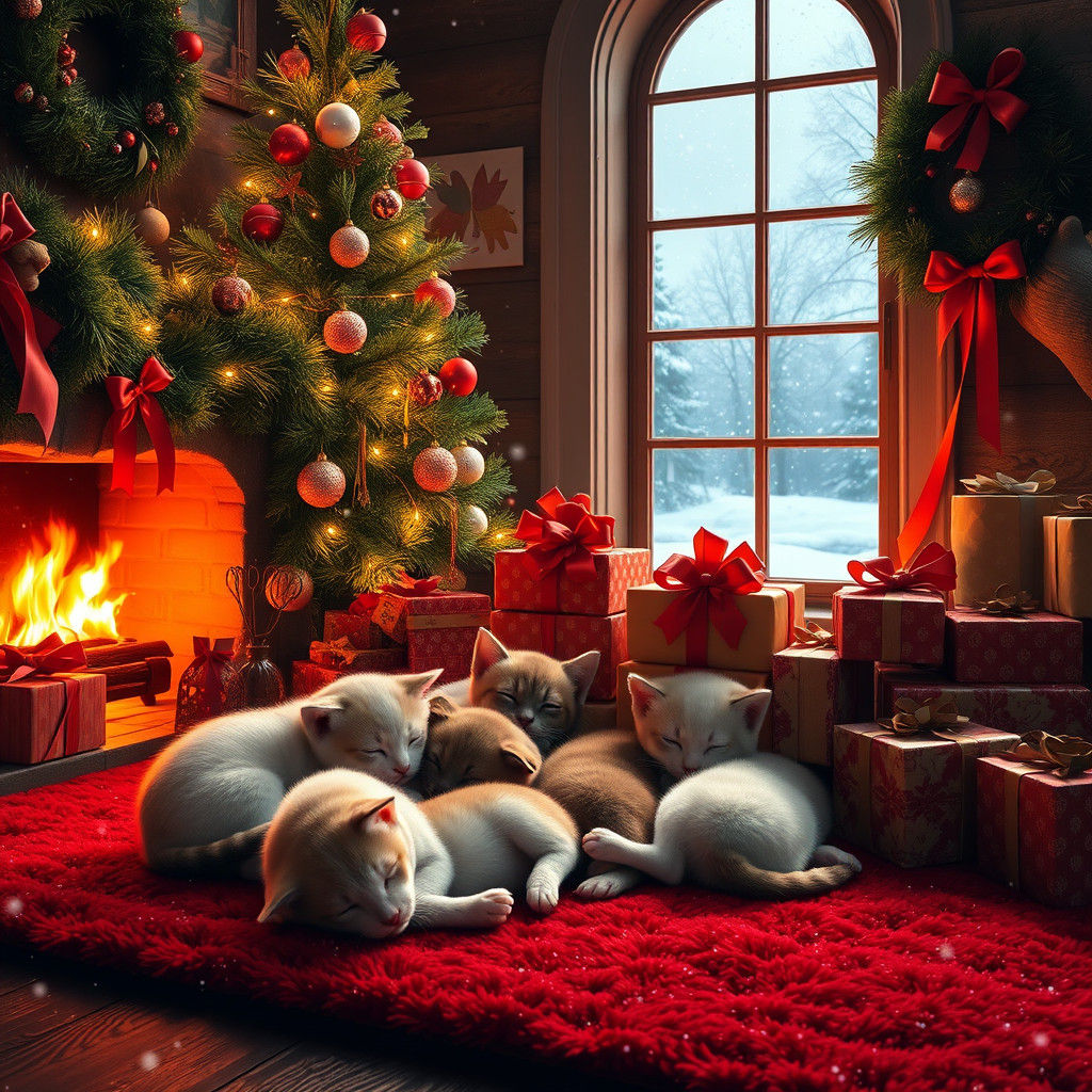 Sleeping Puppies and Kittens in Cozy Christmas Cottage