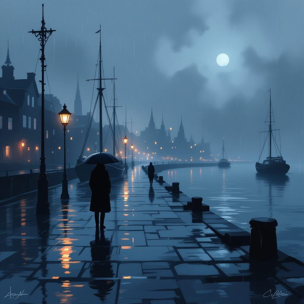 Gloomy Seaport at Dusk: Emotional Digital Painting