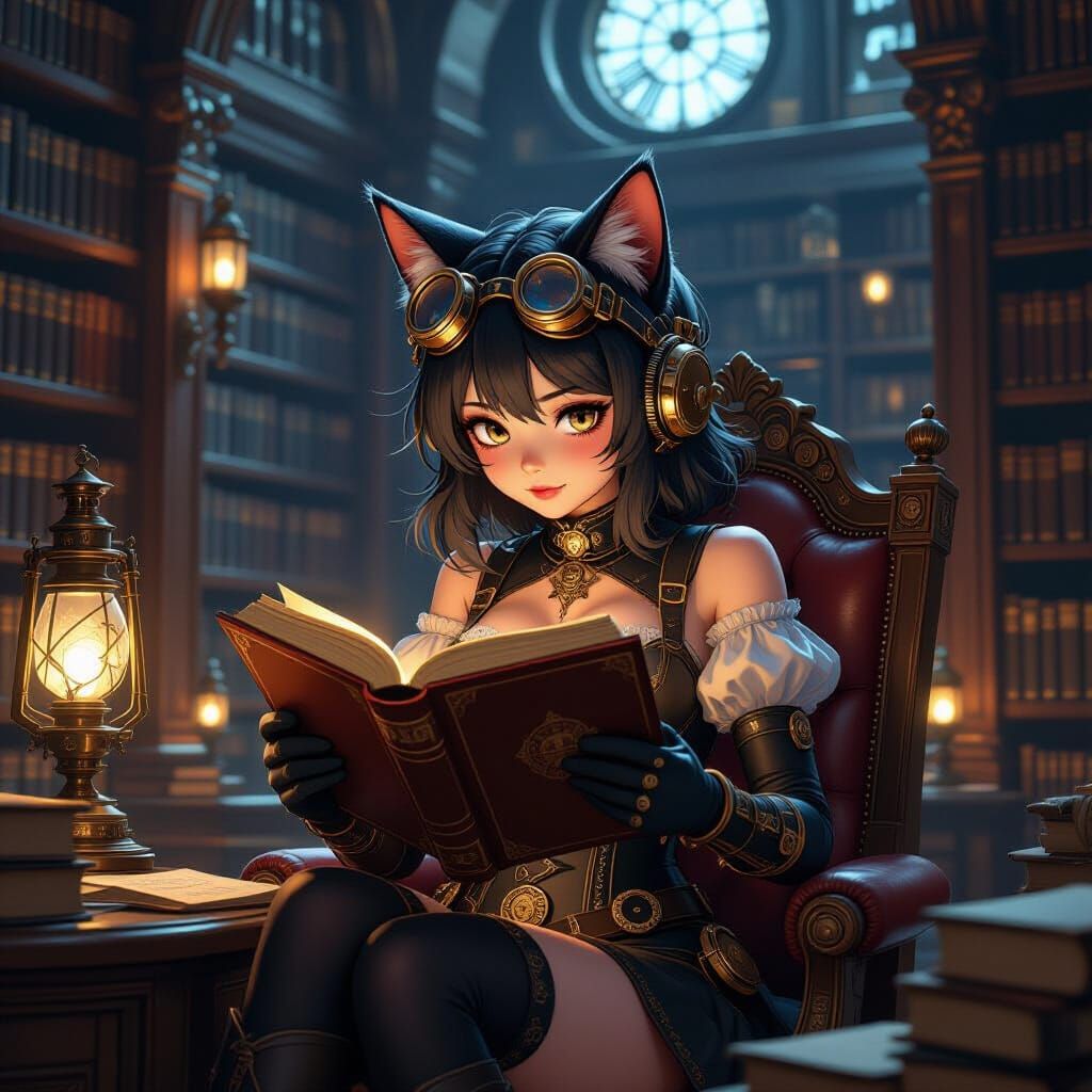 Steampunk Cat-Girl Reader in Ghibli-Style Library