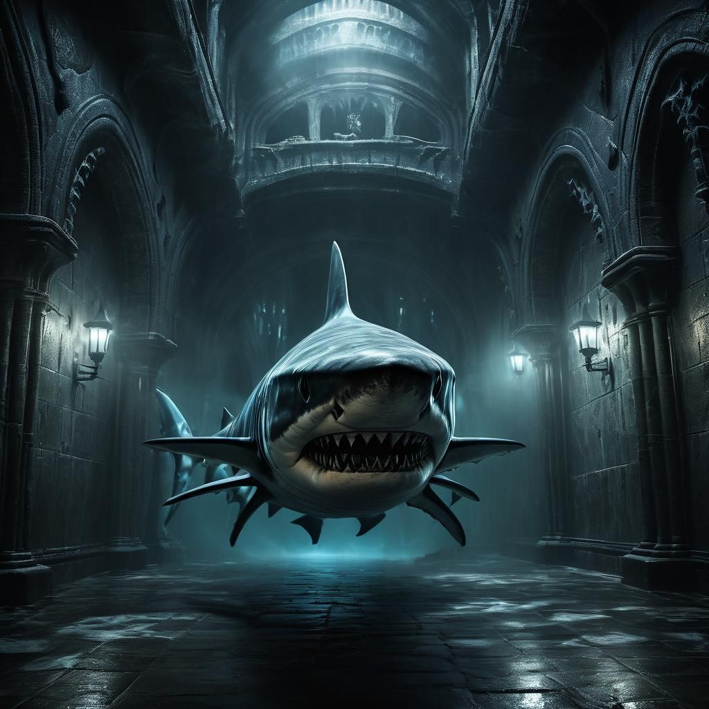 Fog Shark in Dark Castle, Gothic Digital Art