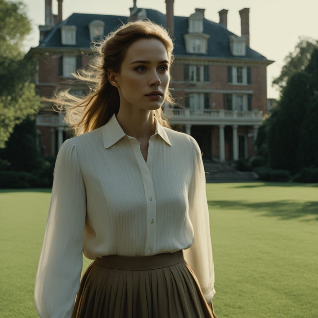 Woman Walks Through Mansion Yard: Cinematic Film