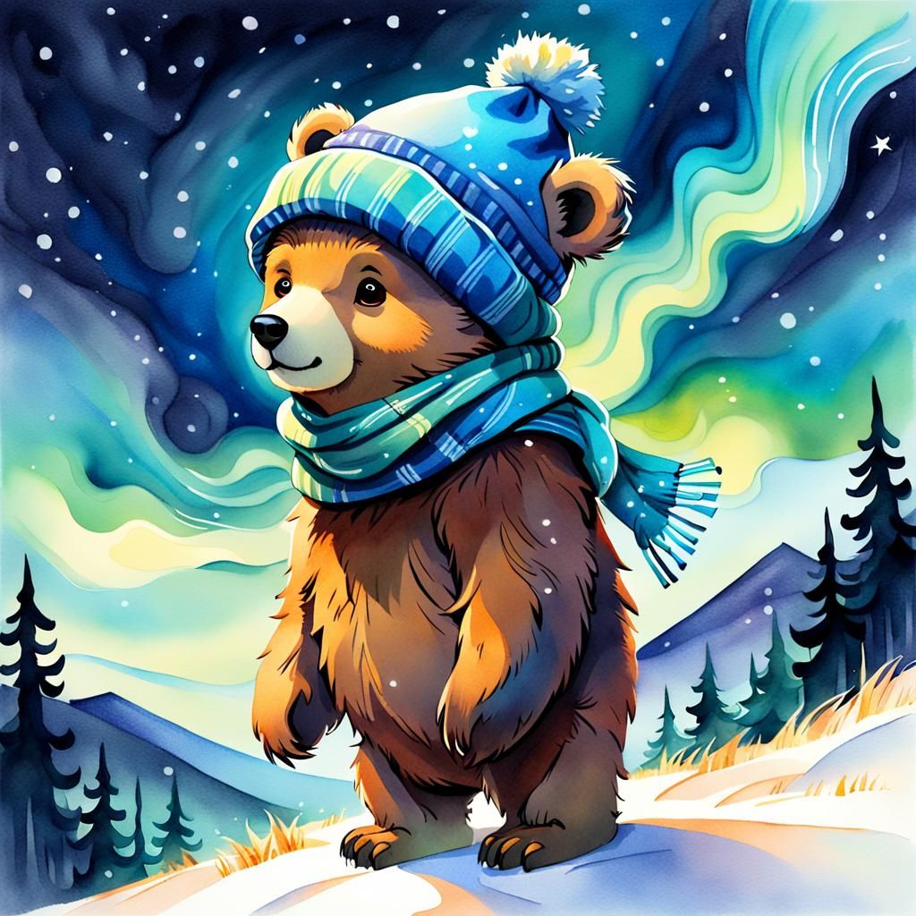 Bear Cub Watches Northern Lights in Watercolor Cartoon