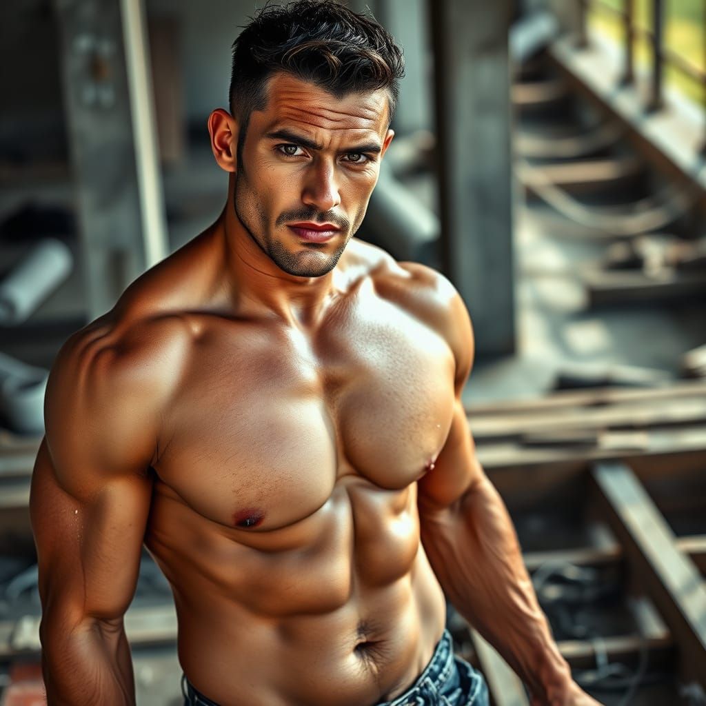 Muscular Man Working on Construction Site