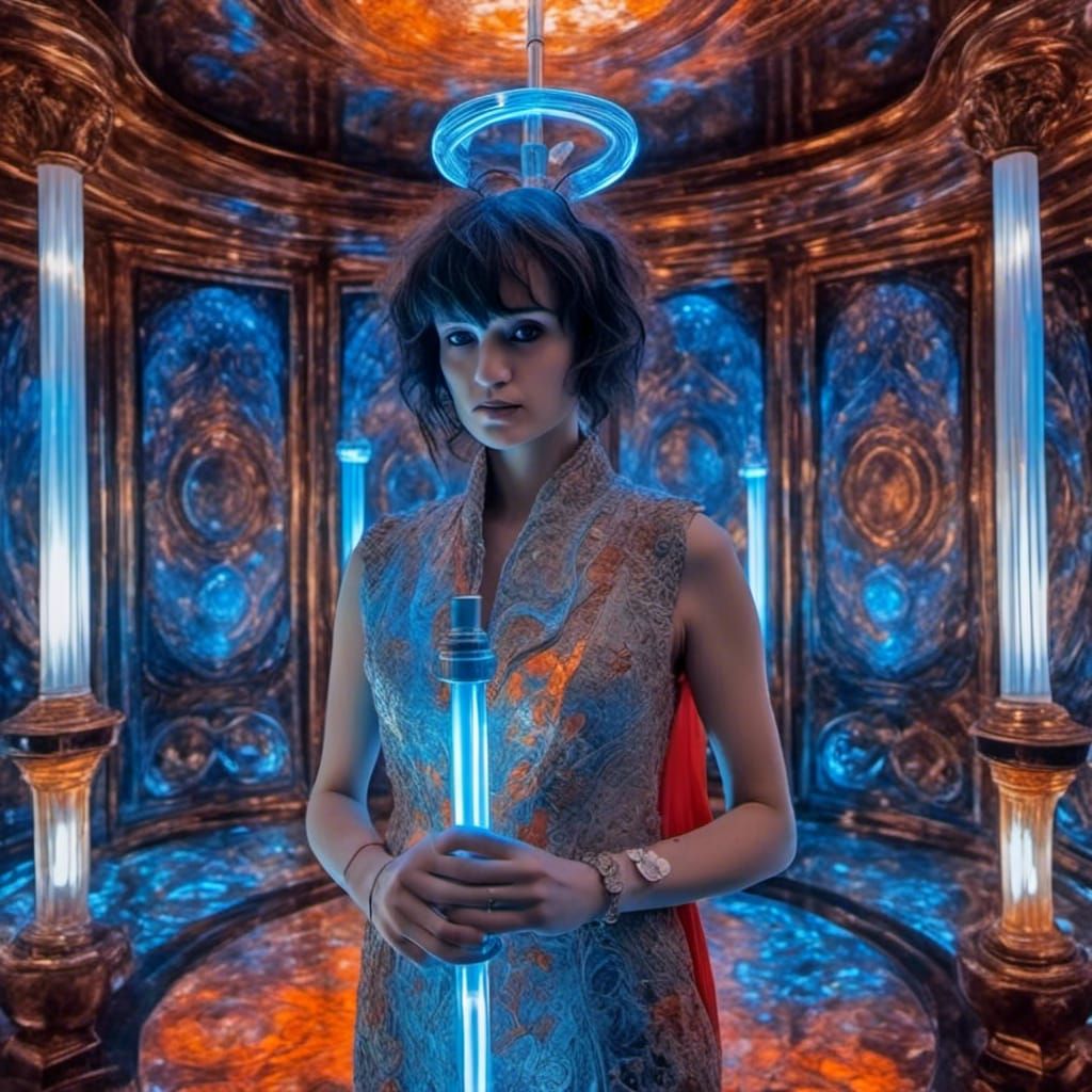 Holographic Woman and Time Vortex in Steampunk Style