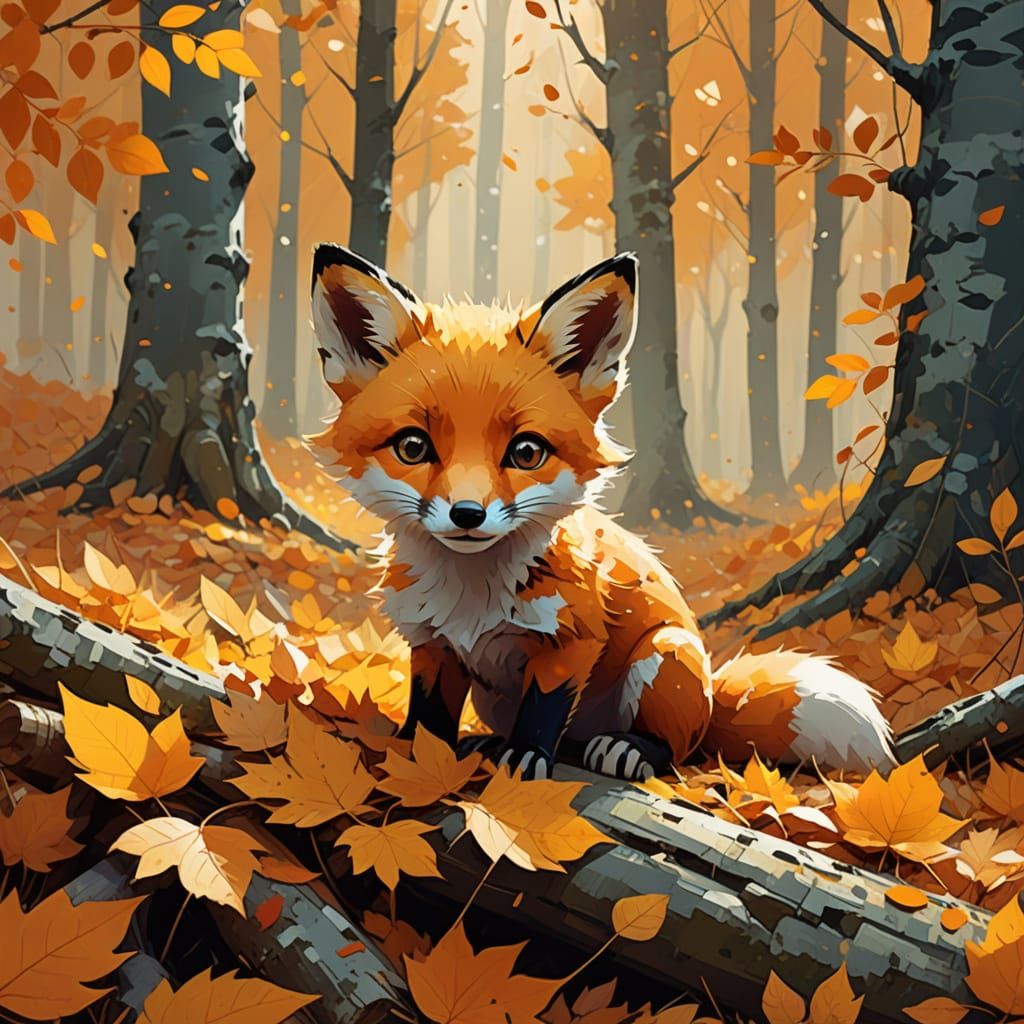 Playful Fox Cub in Autumn Leaves Digital Painting