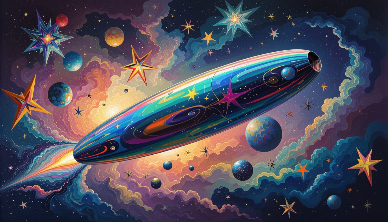 Iridescent Cylinder Soaring Through Starry Dreamscape